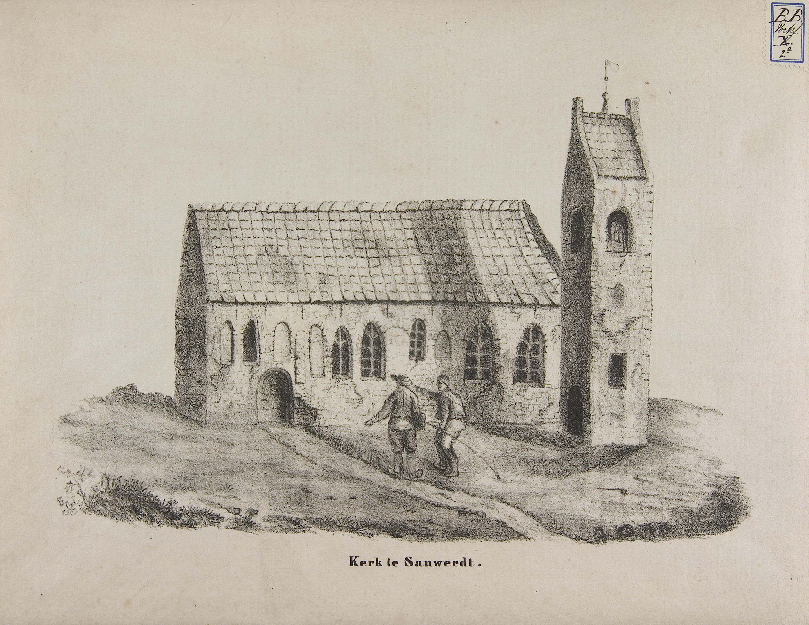 De in 1840 afgebroken kerk van Sauwerd op een oude steendruk uit ca. 1840. Tot 1840 heeft er in het dorp een middeleeuwse kerk gestaan. Deze is in dat jaar wegens bouwvalligheid gesloopt. Tegelijkertijd wordt ook de kerk in Groot-Wetsinge gesloopt. Voor beide dorpen wordt halverwege, in Klein-Wetsinge een nieuw kerkje gebouwd. De plaats van de voormalige kerk wordt gemarkeerd
